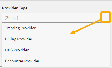 Provider Type with yellow highlight box around it and a yellow arrow pointing downwards to the selection options.